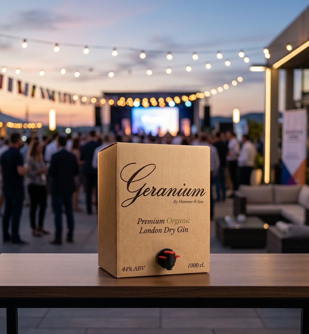 Ten-litre bag-in-box of Geranium gin at an event.