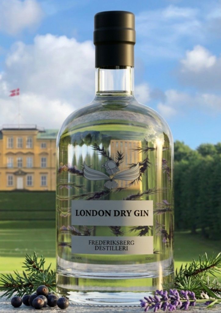 Frederiksberg London Dry Gin bottle in front of the palace at Frederiksberg Have.