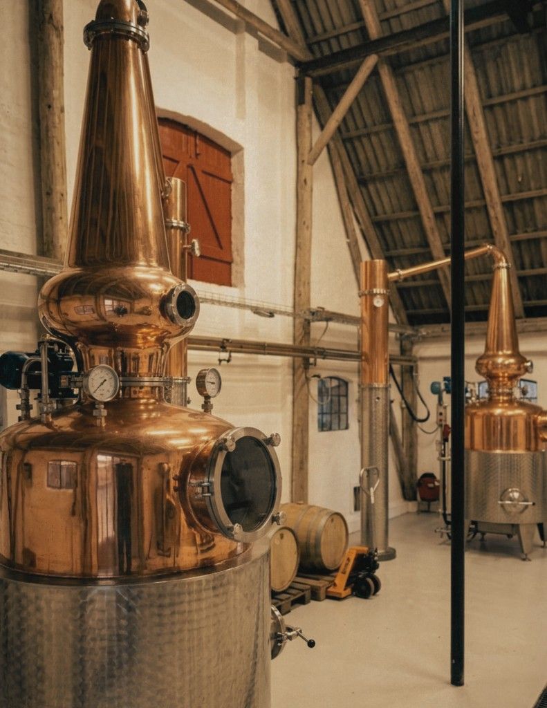 Nini and Mia, the copper pot stills inside the mill at Vintre Møller.