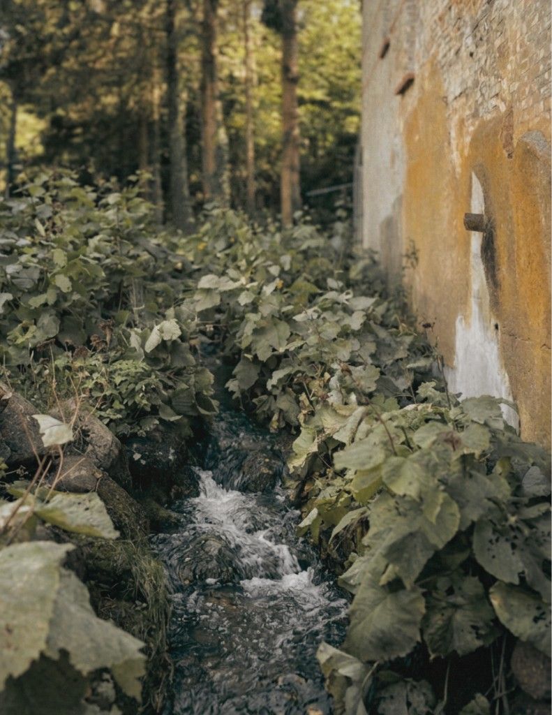 Spring water running beside the mill wall at Vintre Møller.